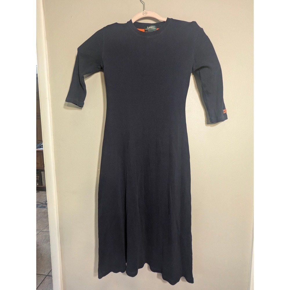 Vintage Lauren Ralph Lauren Petite P/S Navy Ribbed Cotton Maxi Dress 90s